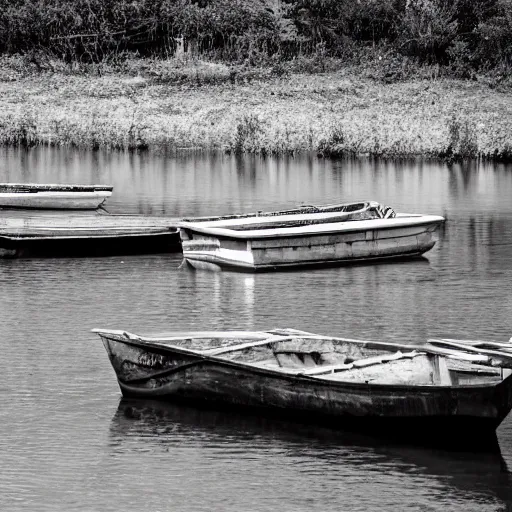 Image similar to two boats on a river, black and white photo, highly detailed, dlsr