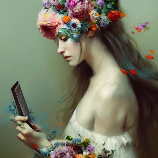 Prompt: painting of a pale girl dressed with flowers, illustration, artistic, colorful, hyper detailed, in the style of Greg Rutkowski,