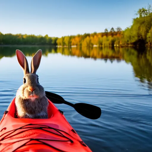 Image similar to a rabbit posing with a kayak next to a calm swedish river, 4k photorealistic