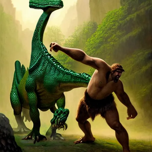 Image similar to A green scaly dinosaur! fighting with several realistic detailed cavemen with proportioned bodies, the cavemen are armed with spears, the caveman are in a fighting stance, the cavemen are wearing animal furs, coarse canvas, visible brushstrokes, intricate, extremely detailed painting by Greg Rutkowski