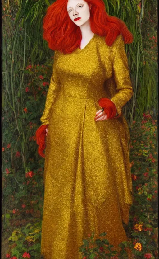 Image similar to portrait of a woman with long red hair, very beautiful style, the girl standing, in a gold suit, photorealism, against a winter garden, vanya comoretti,