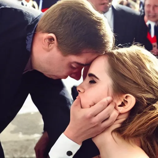 Image similar to emma watson kissing putin, award winning photography, cinematic, 50 mm, trending on Twitter