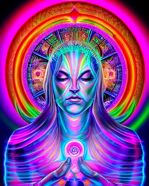 Prompt: epic scale cinematic symmetrical chromaticity dmt goddess alex grey character concept of a beautiful colorful crystals powder liquids, glowing fluorescent velvet neon blacklight hues and saturation, sacred dmt color entity visionary fantasy art by alex grey android jones artstation max chroma rule of thirds golden ratio sacred geometry ai generated art centered symmetrical symmetry