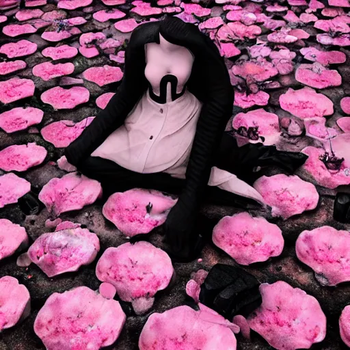 Image similar to cloudy cemetary with pink petals on the floor, goth woman sitting down, intricate details, complementary lighting, detailed face, backlighting, octane render, raytraced, depth of field, beautiful face, extremely detailed, trending in artstation, focus on face, sharp focus, radiant light, beautiful composition, yihao ren, zochi, zero - hour, jean paul fiction