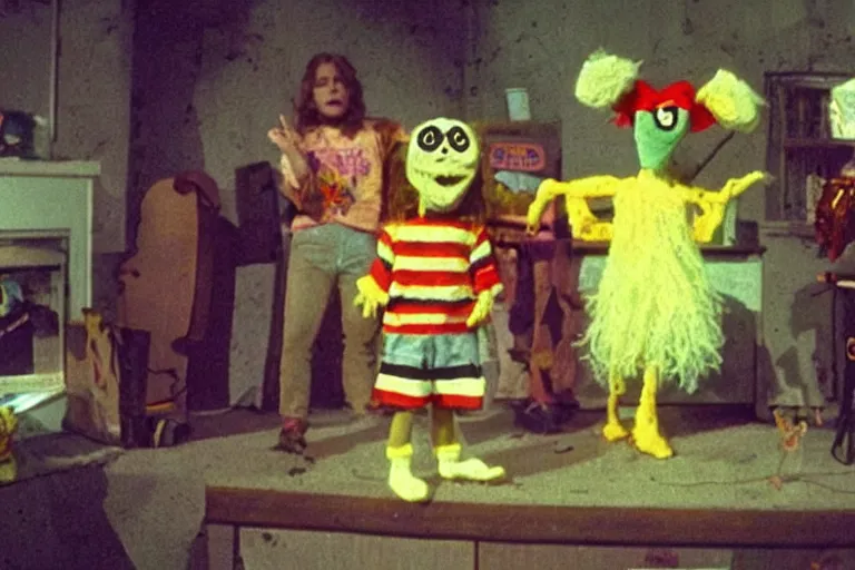 Prompt: a glitchy full color still from a weird live action 1 9 7 3 kids show about cheese death, puppets, fuzzy ghost, grunge, horror