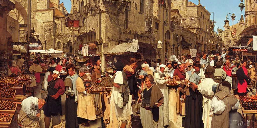 Image similar to a busy medieval Mediterranean street market , beautiful digital art, cinematic composition, detailed, concept art, Matt painting, oil painting,, art by Norman Rockwell