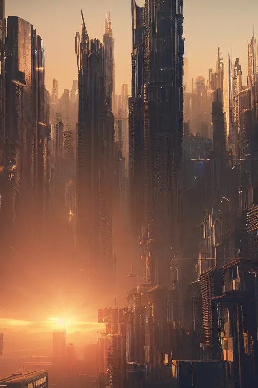 Image similar to cyberpunk cityscape with tall buildings at dusk golden hour orange cinematic lighting, epic composition. A golden daylight, hyper-realistic environment. Hyper and intricate detail, photo-realistic. Cinematic and volumetric light. Epic concept art. Octane render and Unreal Engine, trending on artstation