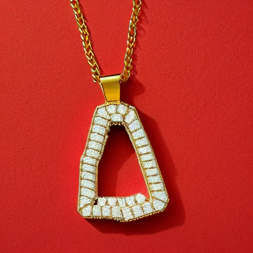 Prompt: a gold chain, with a diamond pendant shaped like a carton of milk