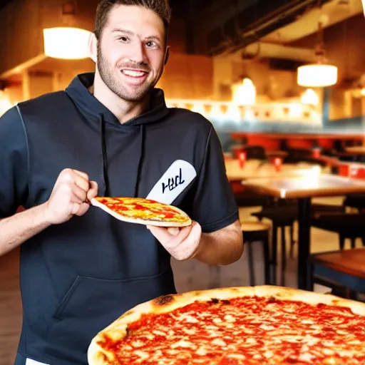 Prompt: a hockey player in a pizza restaurant