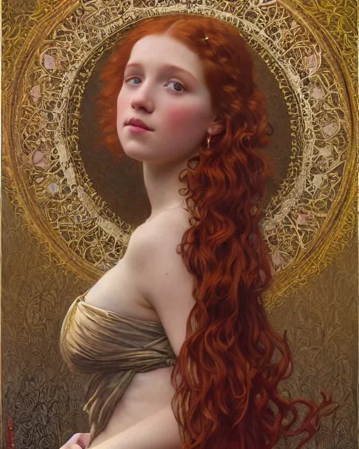 Image similar to intricate art nouveau oil painting of redheaded young millie bobby brown with long hair blowing in the wind, wearing an intricate gold lace dress, highly detailed, intricate, elegant, digital painting, smooth, sharp focus, illustration, ultra realistic, 8 k, by bouguereau, alphonse mucha, artgerm, and donato giancola