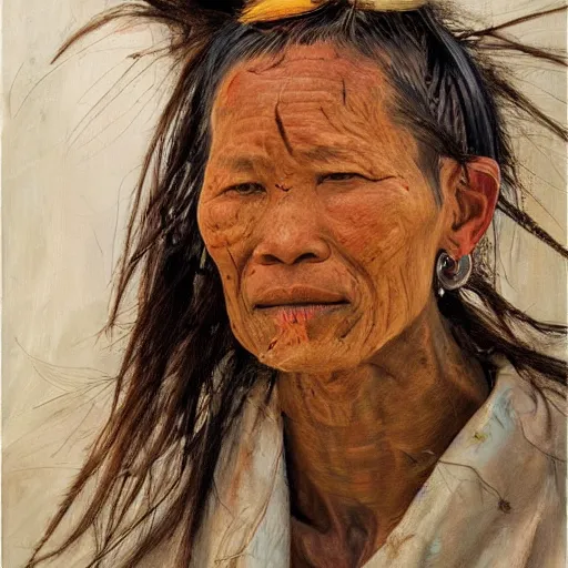 Prompt: high quality high detail painting by jenny saville, hd, a skinny beautiful kayan female tribe leader, hair in wind, photorealistic lighting