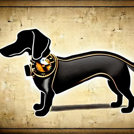 Prompt: 2d steampunk dachshund annotated prototype blueprint, Andrey Tatarko style, ultra detailed, complex design, high contrast, ornate, high detail, full frame, post processing