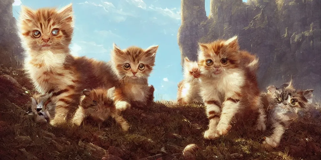 Prompt: a bunch of cute kittens, clear skies, marc simonetti and caspar david friedrich, trending on artstation
