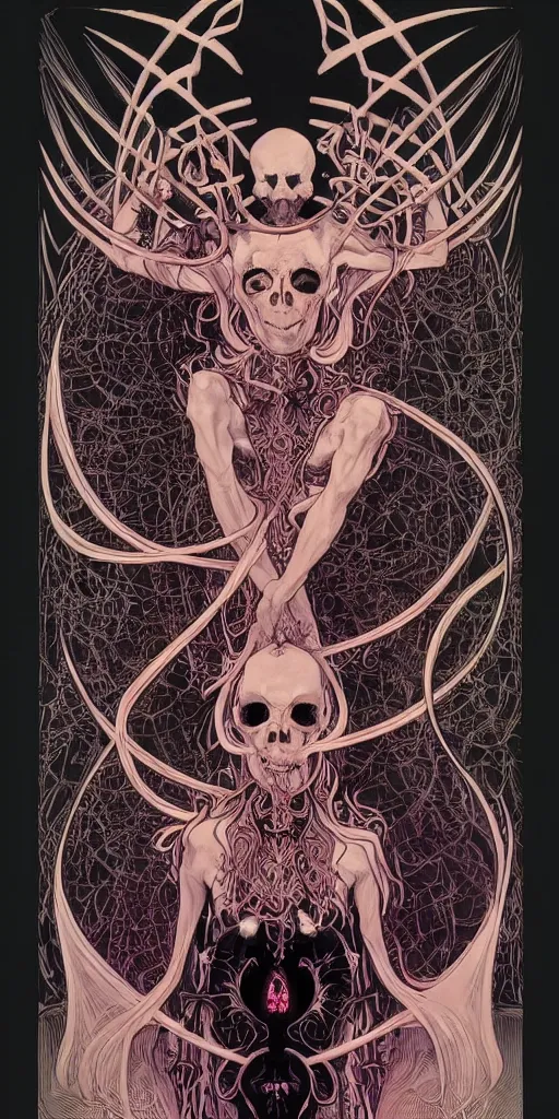 Prompt: intense glowing black metal pagan god with horns and spider eyes and spider legs with a skull in very dark void by josan gonzales and moebius and alphonse mucha, portrait, studio muti, malika favre, rhads, makoto