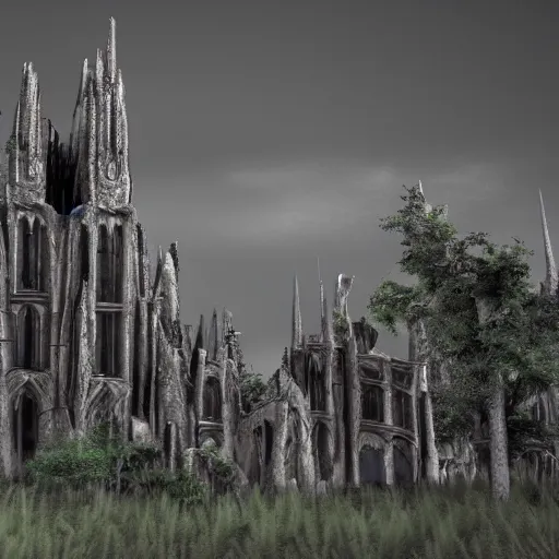 Image similar to dark gothic palace, gothic palace made, GOTHIC PALACE! of rock with tall spires, bristlecone pine trees, ultrawide cinematic 3d render, dark dramatic skies, atmospheric, vultures