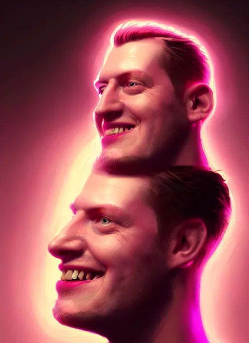 Image similar to portrait of josh homme, realistic, smile, ugly, defined jawline, big chin, pink hair bow, intricate, elegant, glowing lights, highly detailed, digital painting, artstation, sharp focus, illustration, art by wlop, mars ravelo and greg rutkowski