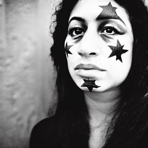 Image similar to beautiful young latino woman with gutterpunk pen ink face tattoos at golden hour, black & white, stars in background, cinematic diane arbus, leica s, 5 0 mm, fuji 8 0 0, grainy, low light