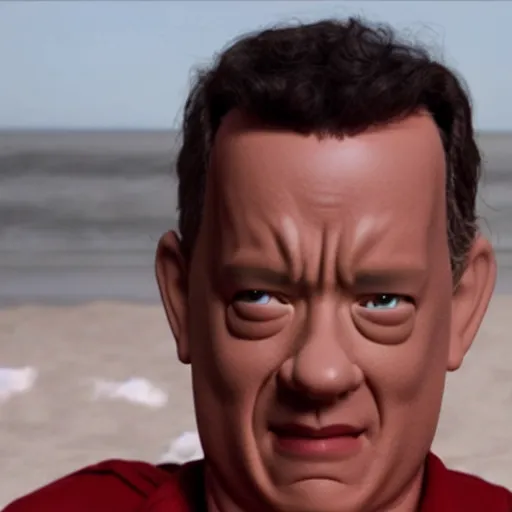 Image similar to still from a movie starring tom hanks with his head made out of a large tomato