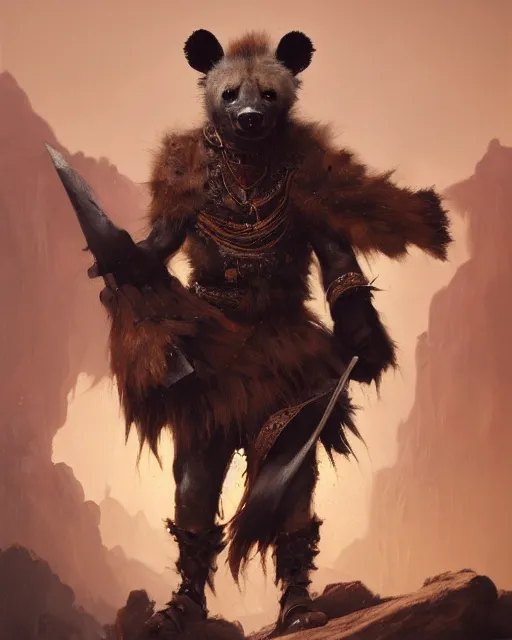 Image similar to oil painting of Anthropomorphized Angry Hyena Warrior, wearing fur cloak, sharp focus, holding Sabre, heroic pose, fantasy style, octane render, volumetric lighting, 8k high definition, by greg rutkowski, highly detailed, trending on art Station, magic the gathering artwork, Battlefield backround, centered