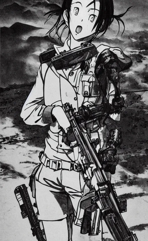 Prompt: manga, monochromatic, toriyama akira, portrait of soldier girl shooting with a rifle, another scene