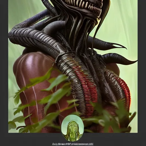 Prompt: a xenomorph made of plants, art by artgerm and greg rutkowski and alphonse mucha, concept art, octane render, unreal engine 5, highly detailed, high quality, 8 k, soft lighting, realistic face, path traced