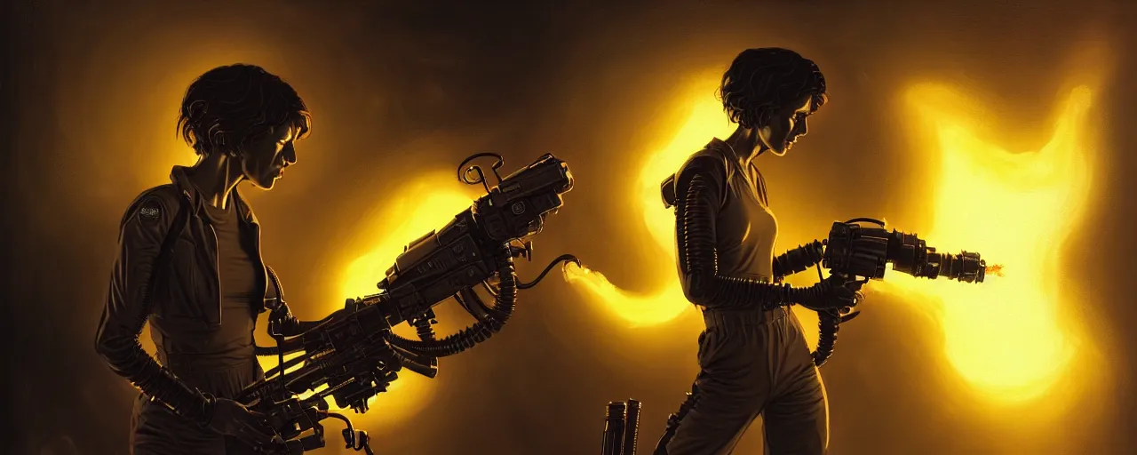 Image similar to duotone dark concept illustration 3 / 4 portrait of ellen ripley with flame thrower. xenomorph shape in background. cinematic volumetric lighting space. golden ratio accidental renaissance. by sachin teng and sergey kolesov and ruan jia and heng z. graffiti art, scifi, fantasy, hyper detailed. octane render. concept art. trending on artstation