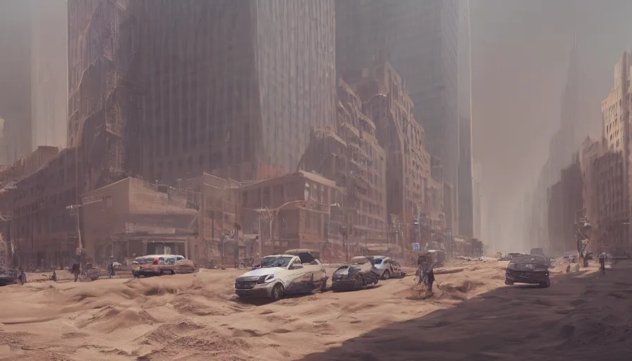 Image similar to new - york city streets under tons of sand during sandstorm, people fleeing, hyperdetailed, artstation, cgsociety, 8 k