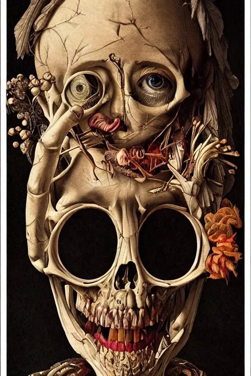 Image similar to Detailed maximalist portrait with large lips and with large eyes, sad expression, skeletal, HD mixed media, 3D collage, highly detailed and intricate illustration in the style of Caravaggio, dark art, baroque