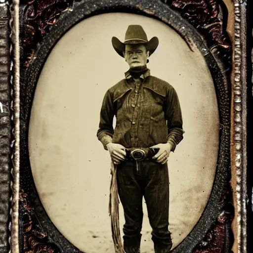 Image similar to alien standing next to cowboy, tintype photograph