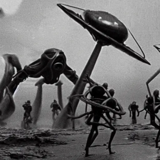 Image similar to close up of the martians attacking thunderchild from war of the worlds, cinematographic shot,