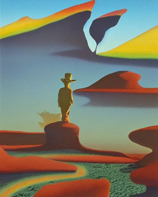 Prompt: roger dean 1 9 8 0 s art of a lone man walking in the dry desert of a strange bizarre alien planet surface lakes reflective clear blue water, rainbow in sky, imagery, illustration art, album art