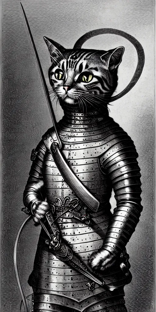 Image similar to engraving portrait of humanoid cat in medieval armoury by gustave dore. trending on deviant art, street art, chillwave, maximalist, full of color, glittering, 8 k, hd