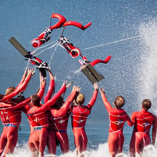 Image similar to Highly detailed professional photography of tesla bots doing a human pyramid while water skiing