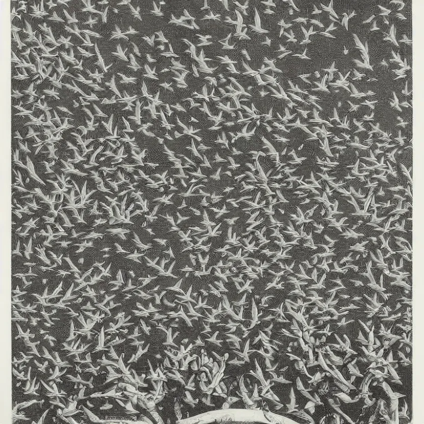 Image similar to MC Escher lithograph 3 color print of starlings and insects, murmur,