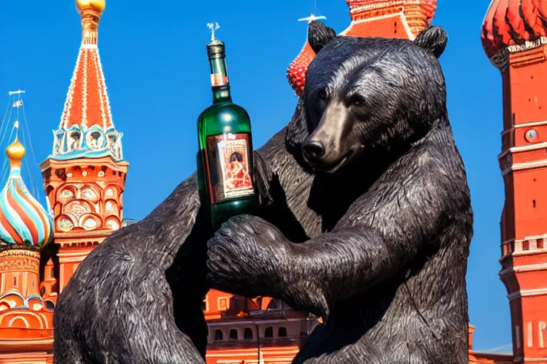 Image similar to a gigantic statue of bear holding a bottle of vodka in the middle of the red square, symmetry, awesome exposition, very detailed, highly accurate, 8 k, professional lighting diffracted lightrays, sense of awe