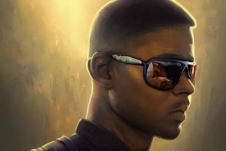 Prompt: Beautiful portrait of a skin glowing male police officer wearing cool shades. wide angle, magic, fire, darkness, dramatic lighting, Africa, intricate, wild, highly detailed, digital painting, artstation, concept art, smooth, sharp focus, illustration, art by artgerm and greg rutkowski and alphonse mucha, footage from space camera