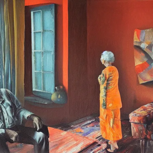 Prompt: high quality high detail painting of a old couple in a soviet living room by lucian freud and zdzislaw beksinski and francis bacon, hd, dark atmosphere, turquoise and orange