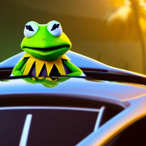 Image similar to a close up photo of a kermit the frog driving a mercedes, palm trees, close up, octane render, unreal engine, hyperdetailed