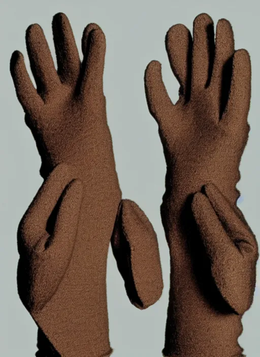 Image similar to realistic photo of a scientific model of an ugly rough complex gloves made of black clay, front view, neutral brown colors 1 9 9 0, life magazine reportage photo, metropolitan museum photo