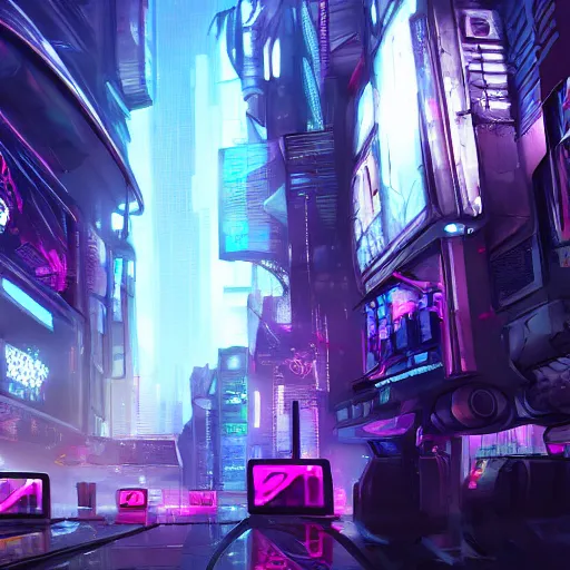 Image similar to jinx, cyberpunk, concept art, artstation, detailed, dramatic lighting, cyber - city background