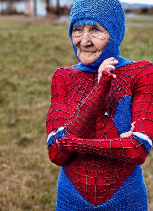 Image similar to stunning dslr photograph of ( ( ( ( granny spiderman ) ) ) ) in rural russia town, knitted suit, closeup, dynamic pose, closeup, aperture 1. 2