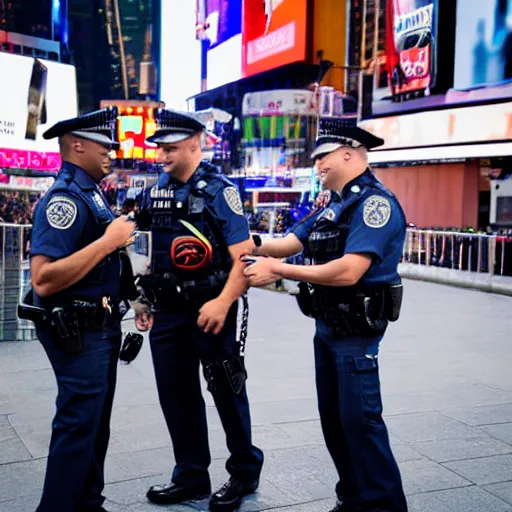 Prompt: 2 police officers handcuffing each other, smiling, time square, 4 k, photography