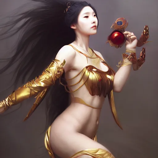 Image similar to A portrait of a female korean model as Ishtar the goddess of love, Stjepan Sejic, Ruan Jia, and Mandy Jurgens, and Artgerm, and william adolphe bouguereau, highly detailed, trending on artstation, award winning