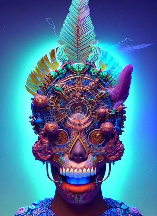 Image similar to 3 d goddess portrait, micro details global illumiantion beautiful intricate highly detailed quetzalcoatl skull and feathers. bioluminescent, plasma, lava, ice, water, wind, creature, thunderstorm! artwork by tooth wu and wlop and beeple and greg rutkowski, 8 k trending on artstation,