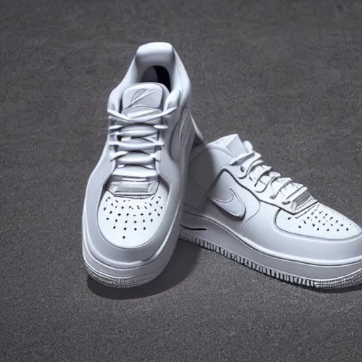 Image similar to all white, 3 d airforce 1 product photo with leather embellishments, distorted nike tick, 3 d bubbles from raf simons ozweego, product render, design sample, octane render, high definition, sneaker photography, photorealistic