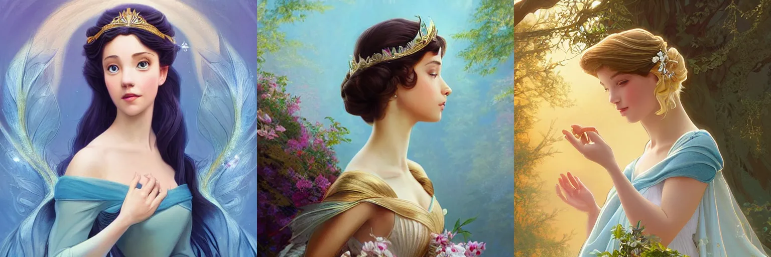 Prompt: a disney princess movie with a princess meeting a bird in the style of leda and the swan. she is on the top of castle, in front of the sky and the trees. elegant, intricate, digital painting, artstation, concept art, smooth, sharp focus, illustration, art by artgerm and greg rutkowski and alphonse mucha