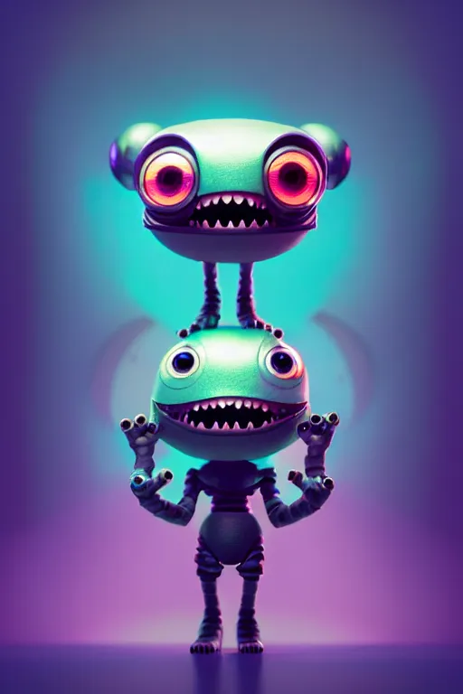 Prompt: a tiny cute technopunk monster with big eyes smiling waving, back view, isometric 3 d, ultra hd, character design by mark ryden pixar hayao miyazaki, unreal 5, daz, hyperrealistic, octane render, cosplay, rpg portrait, dynamic lighting, intricate detail, summer vibrancy, cinematic, symmetrically isometrically centered