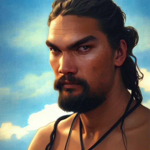 Prompt: a portrait of duncan idhao from dune cinematic lighting, photorealistic, octane render, 8 k, depth of field, 3 d, art by artgerm and greg rutkowski and alphonse mucha and uang guangjian and gil elvgren and sachin ten, duncan looks like jason momoa