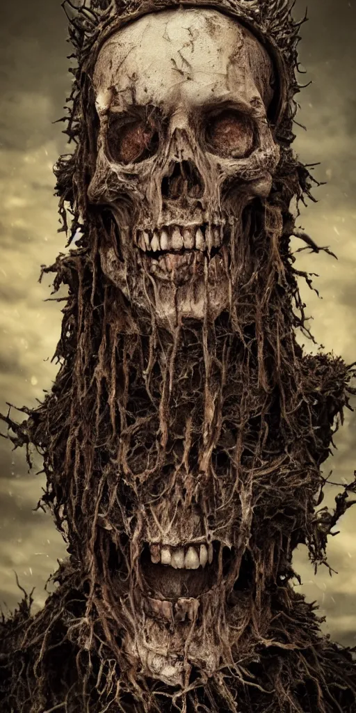 Prompt: full portrait of the decaying King of rot, crown made of rotting flesh, cloak, skull mask, realistic character concept, high fantasy, gothic, dark atmosphere, medium shot, symmetrical face, cinematic lighting, hyperdetailed, high resolution, insanely detailed and intricate, artstation, octane render, 8k, unreal engine