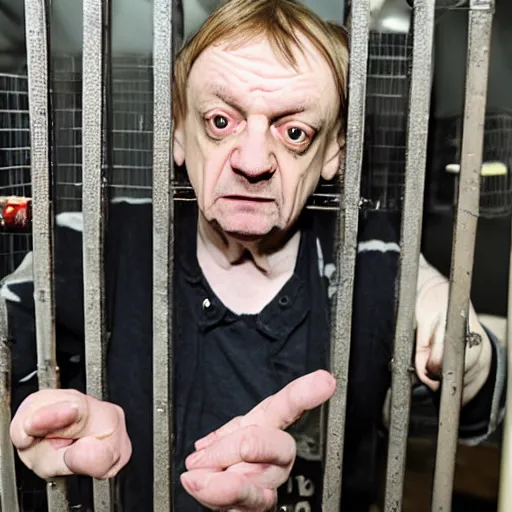 Image similar to mark e smith in a cage at the pet store, he is for sale, 4 k